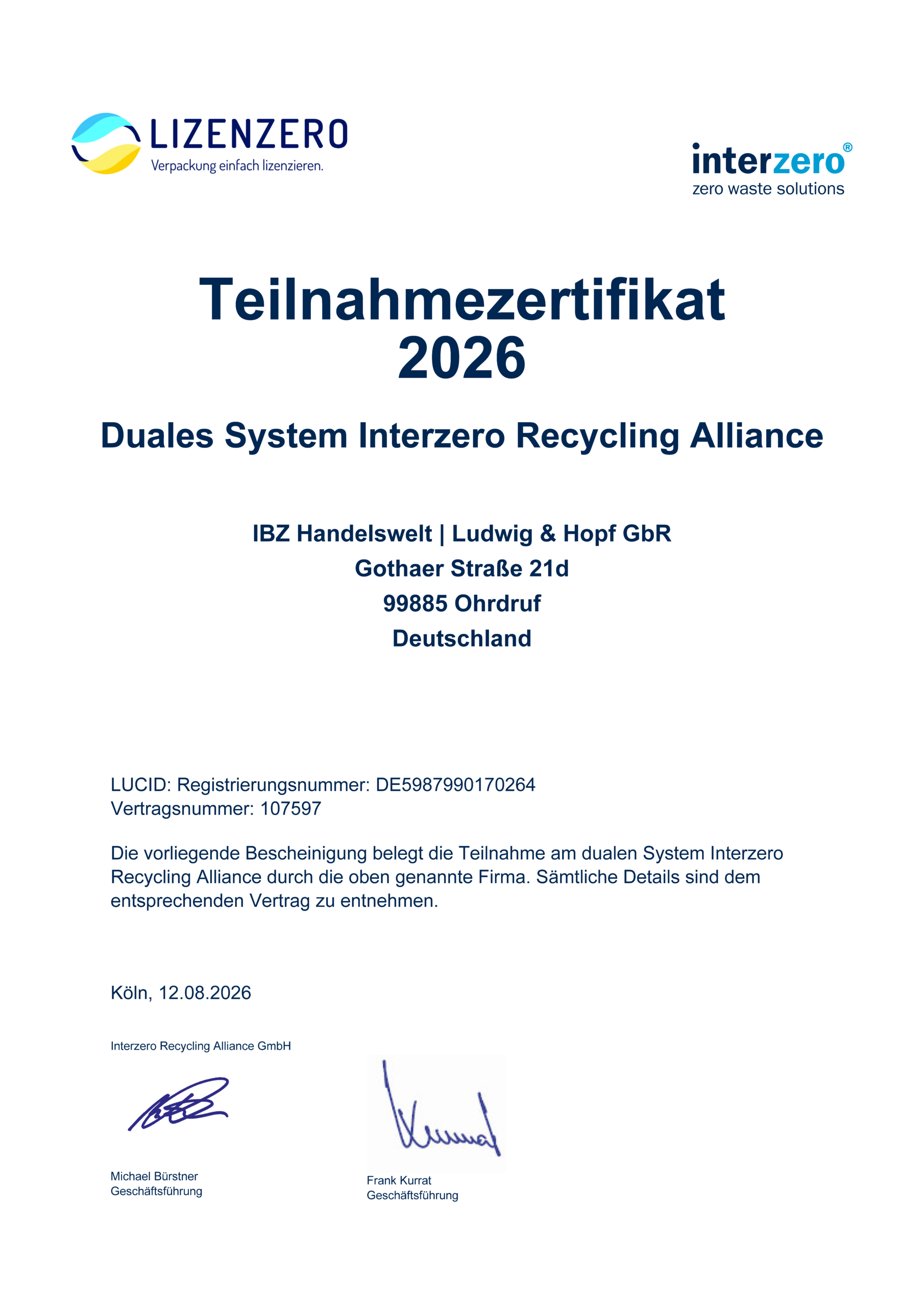 Teilnahmezertifikat Duales System Interzero 2026